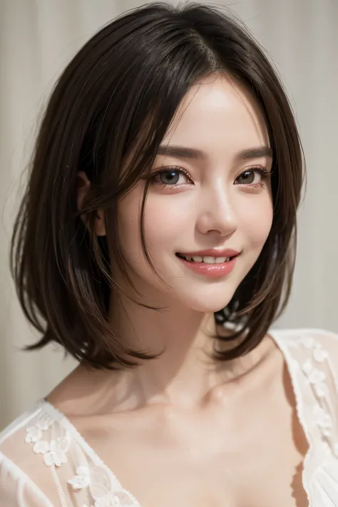 ((masterpiece)), ((Highest quality)), ((Complex)), ((Surreal)), (Realistic), (Mature Woman), ((There are no classes)), Very detailed, (1 female), Beautiful and exquisite, (Beautiful Teeth), Grin, Brunette Bob Hair, Brown eyes, ((blouse)), (Upper Body), (ba...