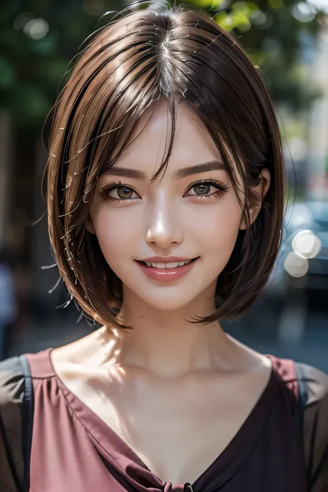 ((masterpiece)), ((Highest quality)), ((Complex)), ((Surreal)), (Realistic), (Mature Woman), ((There are no classes)), Very detailed, (1 female), Beautiful and exquisite, (Beautiful Teeth), Grin, Brunette Bob Hair, Brown eyes, ((blouse)), (Upper Body), (ba...