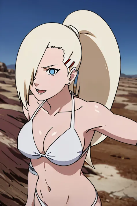 (White bikini:1.5), Ino yamanaka, looking at the viewer, gorgeous, attractive, groin, cowboy shot, ultra detailed face, sunny day, day time, upper body view, anime style, solo, detailed flower field, blonde, (focus on face), ((one eye covered with hair, ha...