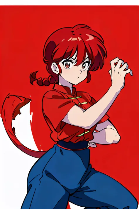 (8k, foto raw, la mejor calidad, obra maestra:1.2), ranma chan, ranma red shirt, red hair, braided belt, blue pants, martial art...