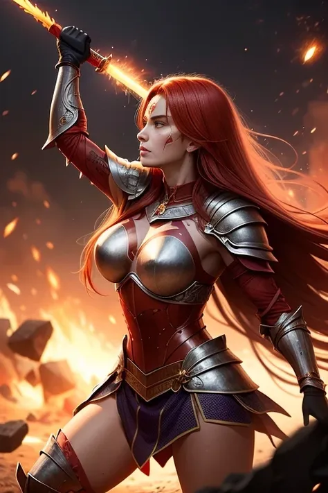 armor, warrior queen with intricate tribal markings etched onto her caucasic skin. fiery red hair whips around her as she raises...