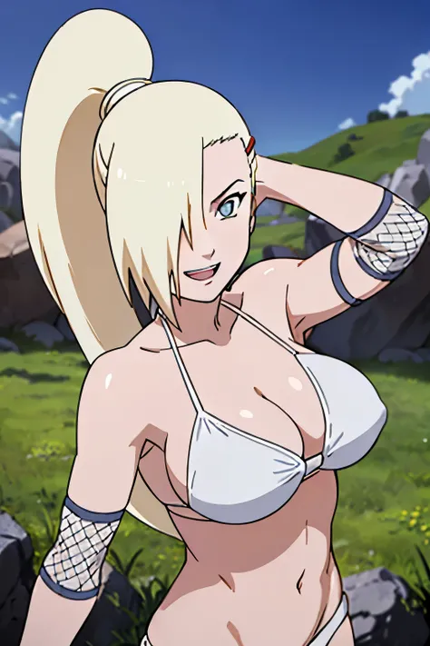 (White bikini:1.5), Ino yamanaka, looking at the viewer, gorgeous, attractive, groin, cowboy shot, ultra detailed face, sunny day, day time, upper body view, anime style, solo, detailed flower field, blonde, (focus on face), ((one eye covered with hair, ha...