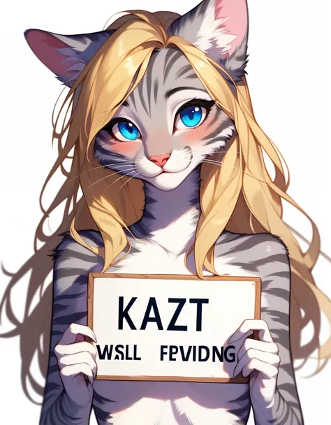 score_9,score_8_up,score_7_up, source_cartoon, source _anime, kat, Anthro furry feline, female, tall slender body, blonde, long hair, hair, pink nose, blue eyes, :3, white  whiskers, hourglass figure, silver fur, grey stripes, furry body, naked, upper body...