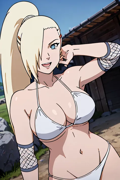 (White bikini:1.5), Ino yamanaka, looking at the viewer, gorgeous, attractive, groin, cowboy shot, ultra detailed face, sunny day, day time, upper body view, anime style, solo, detailed flower field, blonde, (focus on breasts), ((one eye covered with hair,...