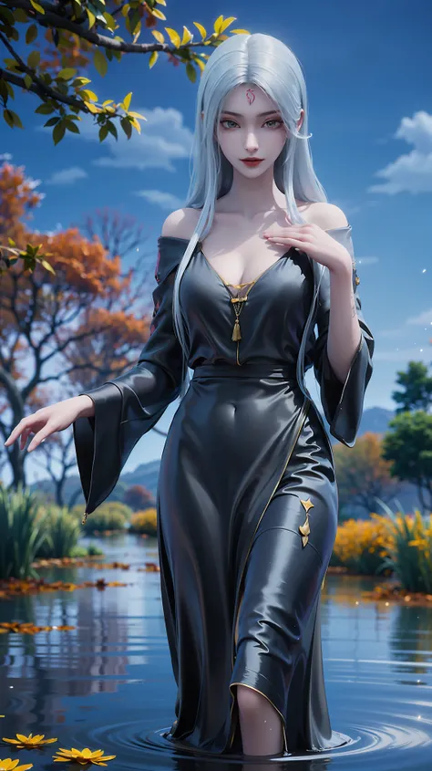 A beautiful young woman bathes in a pond, The water gently lapped her shoulders, Wearing a transparent silk dress, Cover your chest with your hands, Golden lotus floating on the water，Black clothes ，Wearing black suspender chiffon silk pajamas