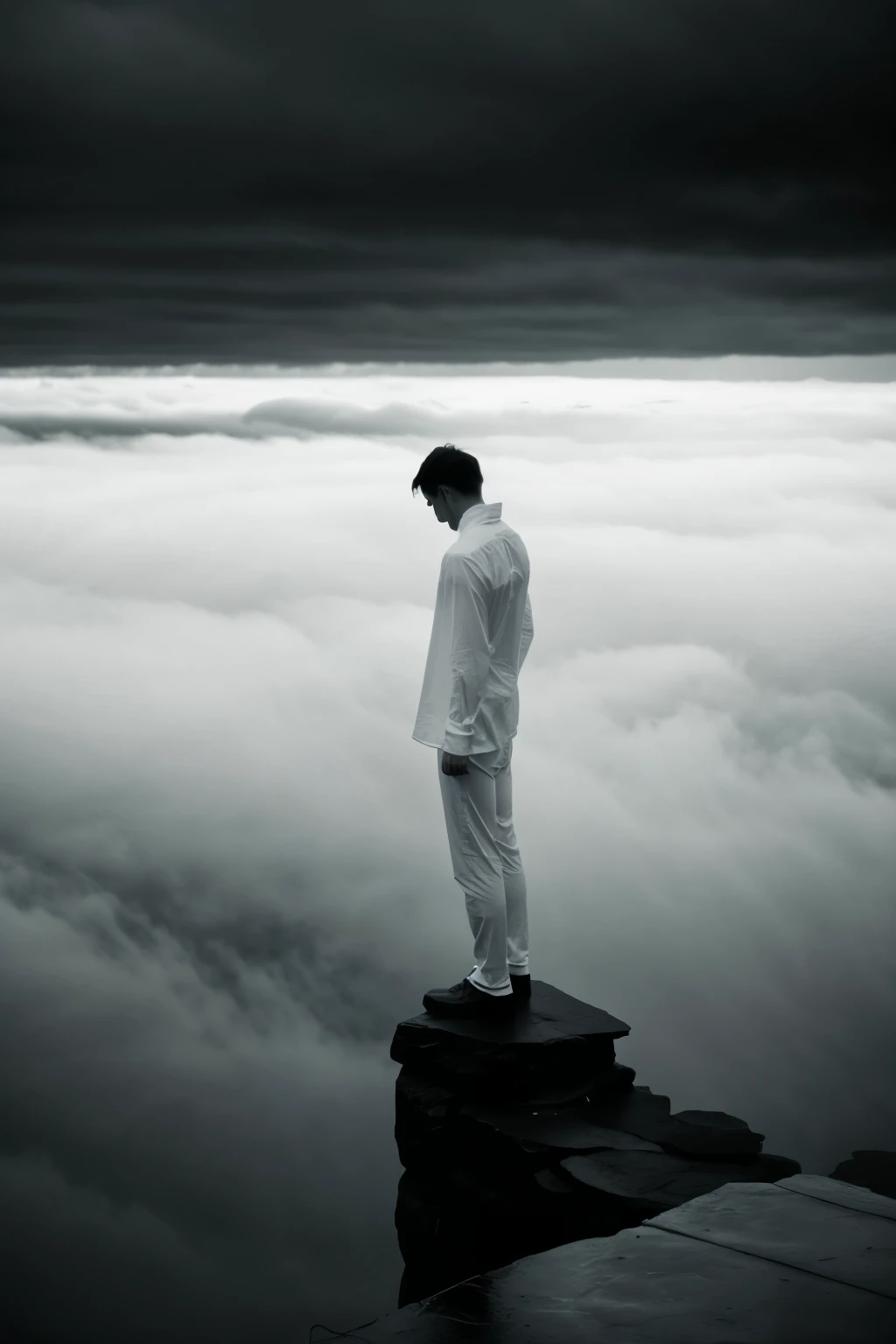 a man in long white clothes stands on the edge of an abyss, looks at the sky, depressive atmosphere, darkness, fog, b/w