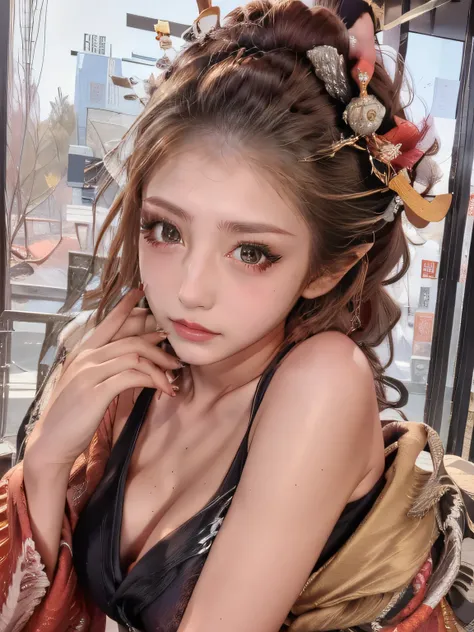 (Detailed skin:1.2),(Shiny skin:1.1),8K,Highest quality, masterpiece, Ultra-high resolution,(Realistic:1.4), RAW Photos,(Soft saturation:1.3),(Fair skin:1.2),Half Japanese Beauty,repair,20 years, Light brown hair, （Updo:1.2), Asymmetrical Hair, (Pretty fac...