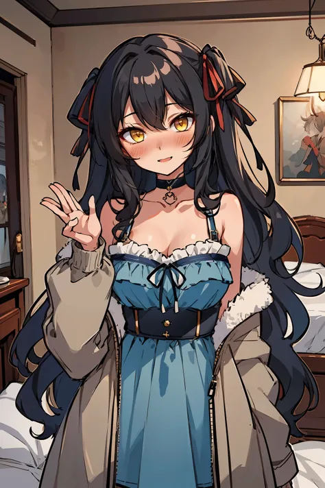 (masterpiece:1.2), (high quality:1.2), hui xiyi, rekkyo sensen, rekkyou sensen, (long wavy hair, hair ribbon, one side up:1.54), solo focus, hand up, waving, girls with((black hair, bare shoulders, medium breasts, breasts, choker, cleavage, collar, collarb...