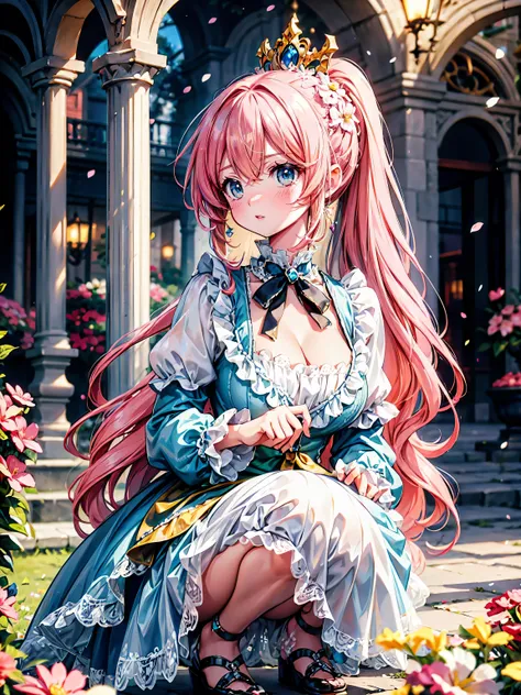 anime moe art style, ((Masterpiece, ultra detailed, exquisite quality)), (((young face solo princess))), (dress light yellow dress), (((ultra elaborate gorgeous rococo victorian gown with voluminous hoopskirt and long hems and lot of frills and pleats dens...