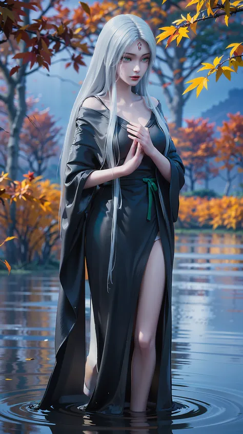 A girl bathes in water,While bathing,Water flowing over shoulders,No clothes,Put your hands on your chest,Cover your chest and with your hands,Autumn maple leaves shining on the water,(((White long hair))),(((Green eyes)),((Black robe)),((Place one hand on...