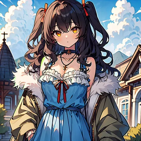 (masterpiece:1.2), (high quality:1.2), girls with((black hair, (wavy long hair, one side up:1.3), bare shoulders, breasts, choker, cleavage, coat, collar, collarbone, cowboy shot, dress, blue clothes, frills, red bow, red ribbon, neck ribbon, fur, fur coll...