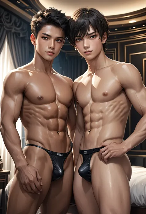 high quality, detailed, Realistic,(2boys:1.5), (17 years old tanned japanese idol boys), (detailed black eyes), (black short hair), (abs), (tanned dark brown skin), night palace bedroom, (black tiny thong), (bulge), (detailed nipples), detailed areola,best...