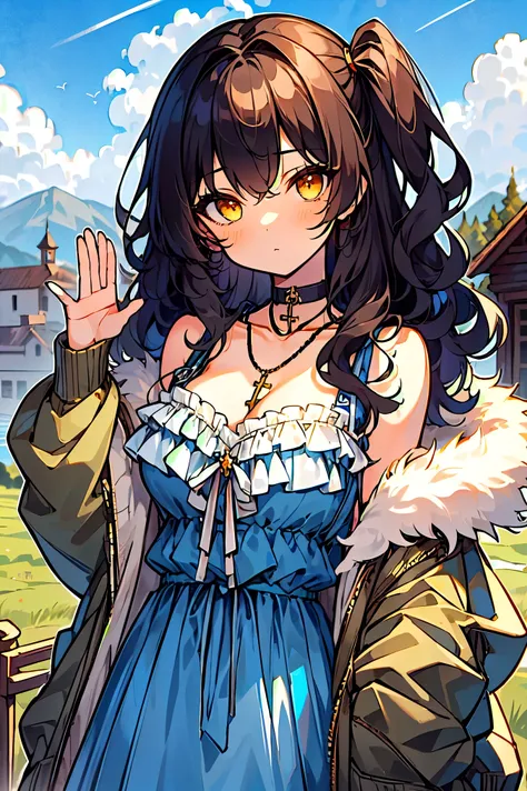 (masterpiece:1.2), (high quality:1.2), girls with((black hair, (wavy long hair, one side up:1.3), bare shoulders, breasts, choker, cleavage, coat, collar, collarbone, cowboy shot, dress, blue clothes, camisole, rosary, rosary choker, cross, necklace, fur, ...
