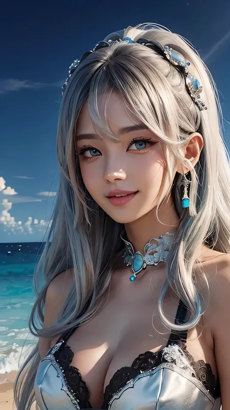 highest quality、Realistic、girl、zoom、Turquoise eyes、Silver Hair、Long curly hair、Bridal Lingerie、Tanned black body、Brown black skin、Dark Skin、Big 、A big smile、Summer Sea、Bust Shot、