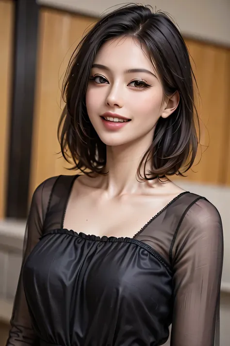 ((masterpiece)), ((Highest quality)), ((Complex)), ((Surreal)), (Realistic), (Mature Woman), ((There are no classes)), Very detailed, (1 female), Beautiful and exquisite, (Beautiful Teeth), Grin, Brunette Bob Hair, Brown eyes, ((blouse)), (Upper Body), (ba...