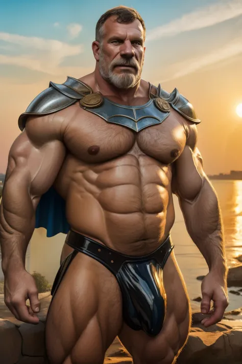 old man knight, wearing silver armor, revealing armor, busy medieval coastal city background, muscular, wearing armor, nice bulge, sweaty body, sun going down, golden hour, latex, cape,