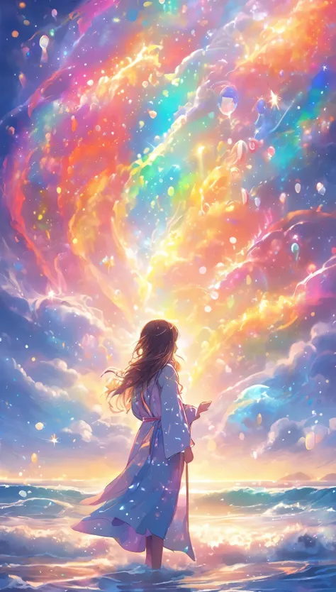 Mysterious glowing spell casting girl, ((Fantasy Rainbow Ocean)), Vibrant colors, Fantastic Light, Detailed speech bubbles, Magical atmosphere, Nice views, Dreamy atmosphere, Sparkling, Roomy robes, The magic touch, Mysterious creatures, ((Sparkling waves)...