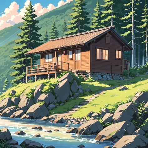 (((mountain cabin))), ((anime:1.4,illustration)),(masterpiece, top quality, best quality),(ultra-detailed, absolutely resolution),((16k, high res)). BREAK {lofi art, style of Laurie Greasley, style of Makoto Shinkai, anime aesthetic}