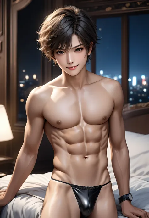 high quality, detailed, Realistic,(2boys:1.5), (17 years old tanned japanese idol boys), (detailed black eyes), (black short hair), (abs), (tanned dark brown skin), night palace bedroom, (black tiny thong), (bulge), (detailed nipples), detailed areola,best...