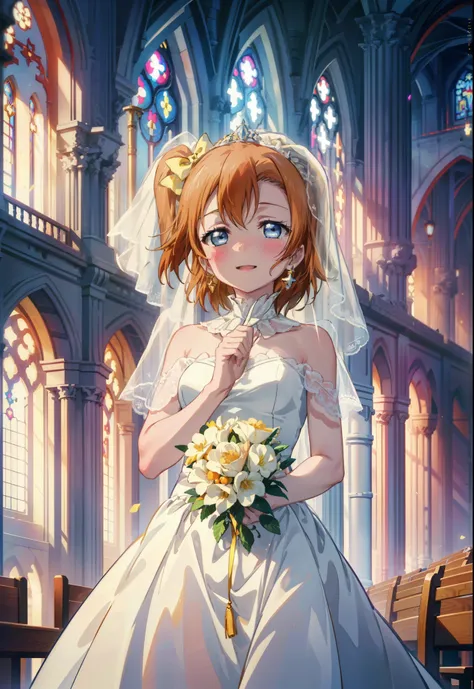 Highest quality, masterpiece, High resolution, alone, {Honoka Takasaka　lovelive:1.15}, blue eyes, Orange Hair,short hair ,blush,happy smile, smile, Open your mouth,Wedding dress,Veil,bouquet,　　　　　　　　　　　　 
 break looking at viewer, Upper Body,(Cowboy Shot:1...