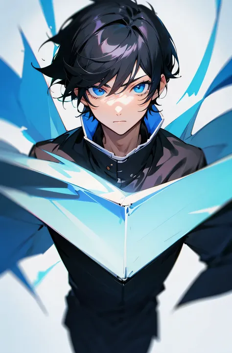 Short Black hair and blue eyes anime boy 