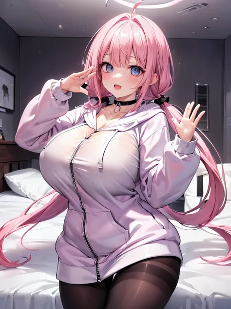 Best Quality,Detailed and cute eyes,Very cute face,(Solo Girl),(gigantic breasts:1.5),(Pink hair),(low twintails:1.6),Scrunchie,Big light blue eyes,Very happy smile,Open your mouth wide,View Viewer,BREAK,(white oversized hoodie,Front zipper,choker,Black Pa...