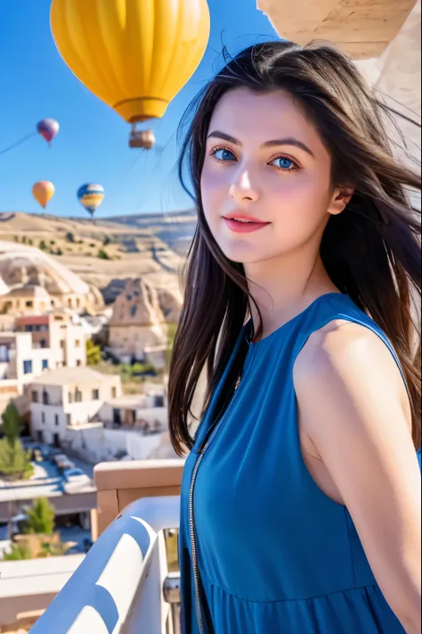 (4K), (Highest quality), (Best details), (Realistic)、Beautiful Turkish girl watching balloons take off from her hotel balcony in Cappadocia、Cool dress、Frugal makeup、Black Hair、Blue Eyes、