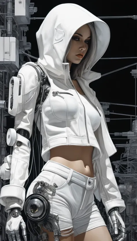 in style of Santiago Caruso,Gray background，cowboy shot，from the side，Walking posture，Cybermechanical transformation girl，ghostwhite bobocut,，Ghost White Nylon Binding Shorts，Transforming Humanity，Ghost White Hoodie，Ghost White Nylon Binding Shorts，Pearl b...