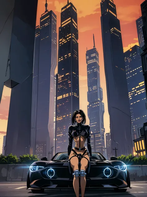 faithful image of aeon flux, brunetette, linda, grinning, she is happy, ultra detalhada, she is hanging from a building with bot...