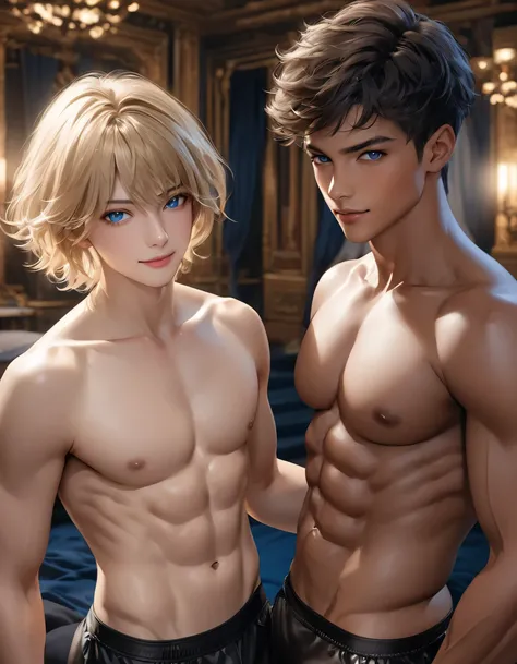 high quality, detailed, Realistic,(2boys:1.5), (17 years old tanned idol boys), (detailed blue eyes), (blond short hair), (abs), (tanned dark brown skin), night palace bedroom, (black tiny thong), (bulge), (detailed nipples), detailed areola,best quality,4...