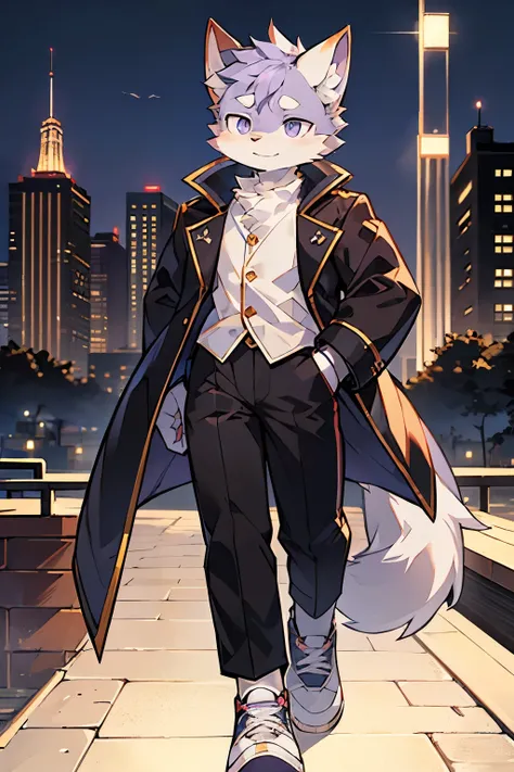 Exquisite lines，best quality。A character，young，male，White fur，Cat Orc，Tall height，Black coat，Black pants，White purple shoes，Purple pupils，Background City，morning