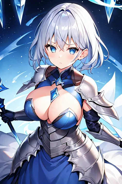 1 girl、Silver short hair、knight、Less Armor、Lots of cloth、Blue and black decor、Chest a little big、Ice crystals、Expose、Carrying a weapon