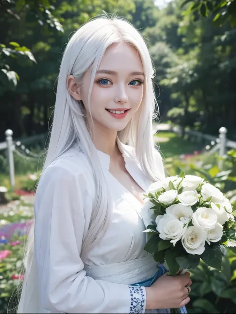 Long white hair, blue eyes, serious features, white skin, beautiful teeth smile, smiling, open mouth, loose style, in a garden, with flowers , in the forest ,jeju Korea, half body