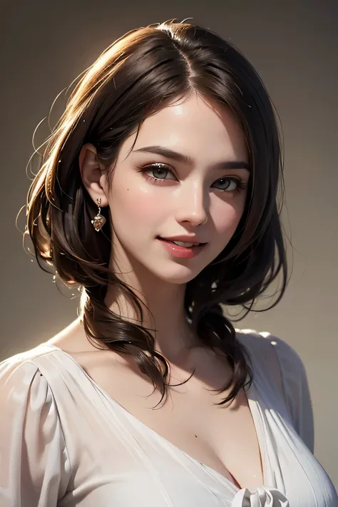 ((masterpiece)), ((Highest quality)), ((Complex)), ((Surreal)), (Realistic), (Mature Woman), ((There are no classes)), Very detailed, (1 female), Beautiful and exquisite, (Beautiful Teeth), Grin, Brunette Bob Hair, Brown eyes, ((blouse)), (Upper Body), (ba...