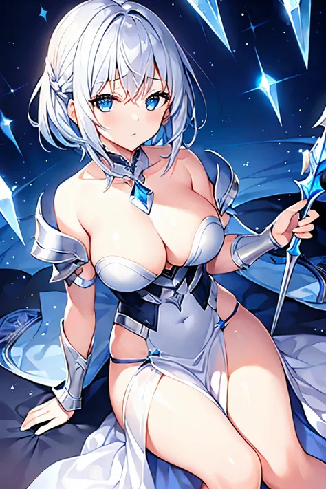 1 girl、Silver short hair、knight、Less Armor、Lots of cloth、Blue and silver decoration、Chest a little big、Ice crystals、Expose、Carrying a weapon