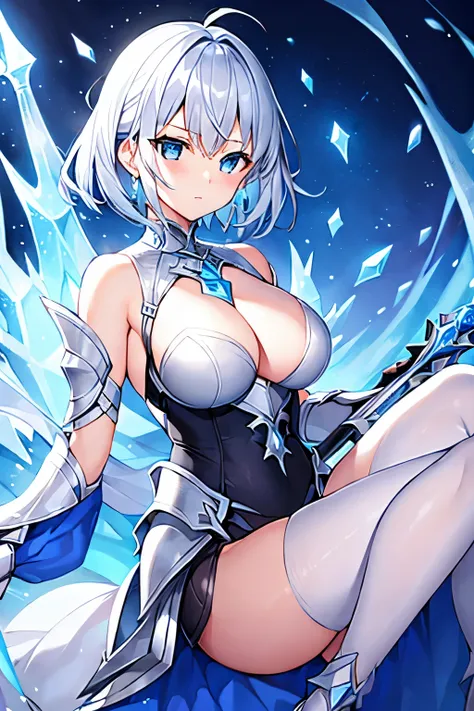 1 girl、Silver short hair、knight、Less Armor、Lots of cloth、Blue and silver decoration、Chest a little big、Ice crystals、Expose、Carrying a weapon