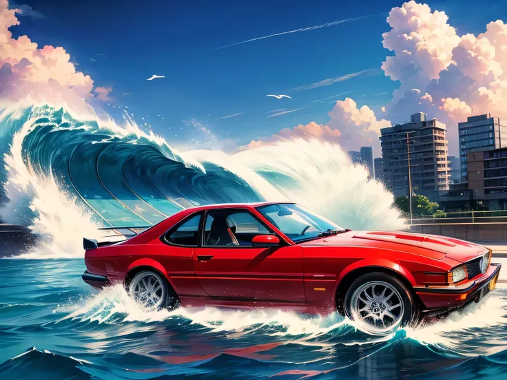 EIZIN SUZUKI style art, (City Pop Style), ((MAGICAL SOUND SHOWER, SPLASH WAVE, PASSING BREEZE, SHINING WIND)), No humans, Red classic car, (masterpiece), 8k wallpaper, 