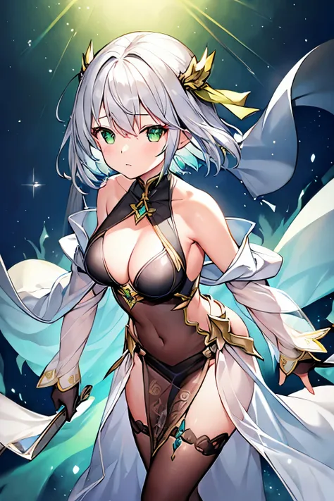 1 girl、Silver short hair、((See-through material、Wizard Robe、Long gloves))、Green and yellow decoration、Chest a little big、Wind Blade、Expose