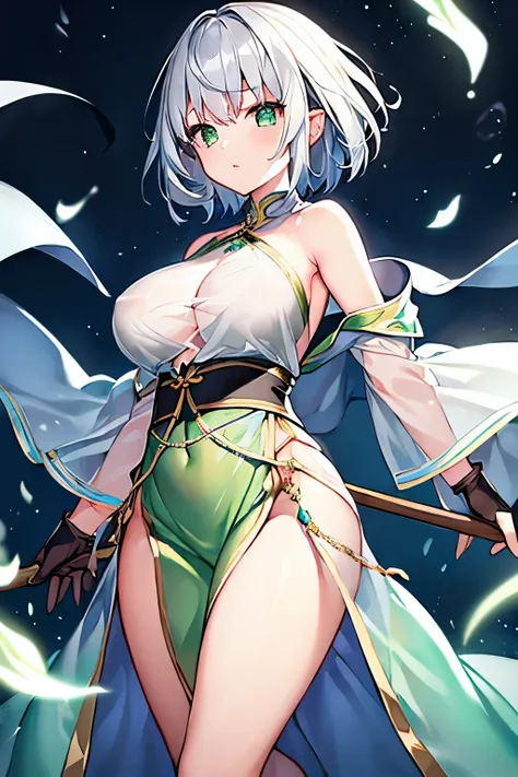 1 girl、Silver short hair、((See-through material、Wizard Robe、Long gloves))、Green and yellow decoration、Chest a little big、Wind Blade、Expose