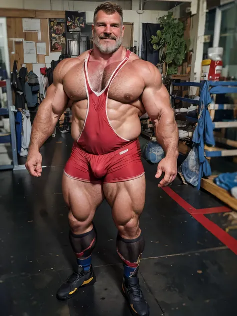 (handsome mature man), (50 yo), white man, wearing a pro wrestling singlet(leotard), spandex singlet, (beefy:1.3), leotard, hairy chest, in a wrestling ring, looking at viewer, beautiful man, detailed eyes, symmetric face, smirk, robust, greying hair, must...