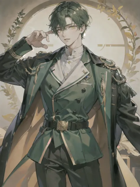 1boy, dark green hair, yellow eyes, double-breasted military jacket