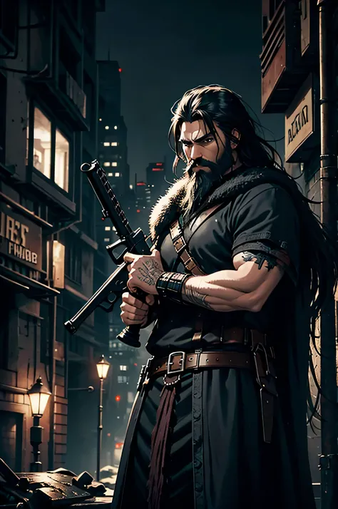 Dark fantasy Viking with black hair and black beard holding a machine gun in a dystopian city at night 