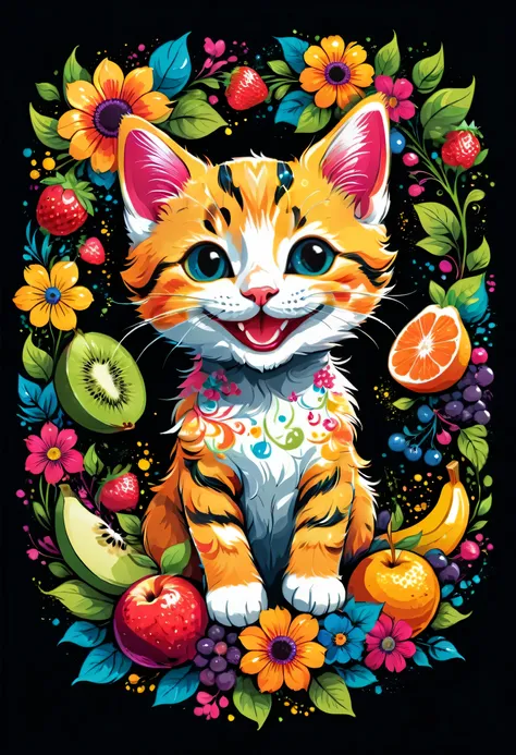  arte vetorial para  t-shirt design, of a colorful illustration of smiling little kitten, At the center, swirly vibrant colors, flowers, fruits, high détail,black backdrop.t-shirt design.
(artwork, best quality, proffesional, perfect composition, very aes...