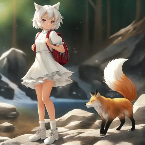 anime girl with white hair and backpack standing next to fox, white fox, fox girl, arctic fox anime, anime style. 8k, clean and ...