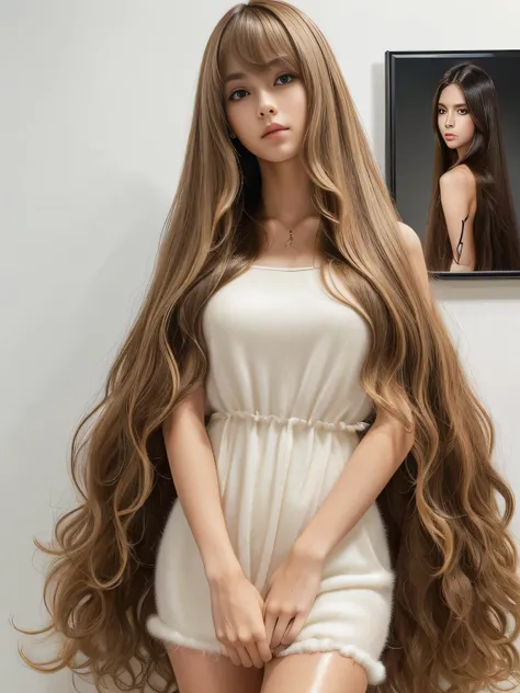 １woman　((Waist up shot:!!!))　(She is a random hair model posing in front of a white wall　And a pose that shows as much hair as possible.:1.5)　(She looks very confident in the audience....:1.8)　((Highest quality)), ((masterpiece)), (family friendly), (Get u...