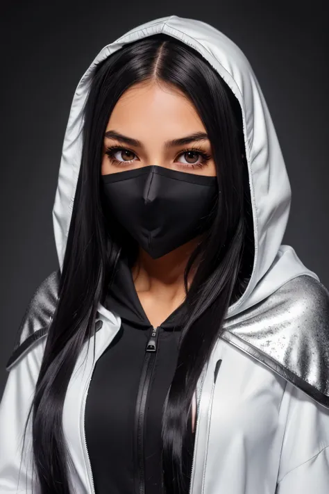 A girl, hunter suit, heterocromia, Purple eye, silver eye, long hair, black hair and silver spots, adolescent, Quiet, hair half tied and half down, tight black suit, white hooded cape, black face mask, black gloves, silver katana