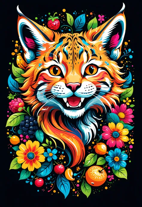  arte vetorial para  t-shirt design, of a colorful illustration of smiling little lynx, At the center, swirly vibrant colors, flowers, fruits, high détail,black backdrop, t-shirt design.
(artwork, UHD quality, details in 16k, proffesional, perfect composi...
