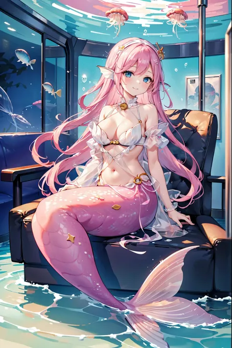 masterpiece, best quality,a girl,pink hair,white dress,blue eyes,head fin,独奏,large breasts,mermaid,粉色的mermaid尾巴,full-body shot,t...