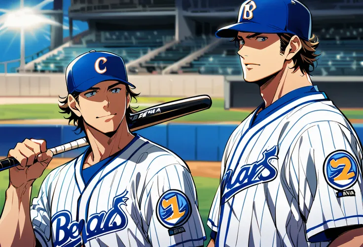 ((1 Male, Pro baseball player)), Yokohama DeNA Baystars, Blue and white baseball uniforms, Batter&#39;s swing, Detailed bat, Sharp Eyes, Accurate batting, The ball flies in an arc, Stadium frenzy, Back screen and scoreboard, Cheering squad in the audience,...