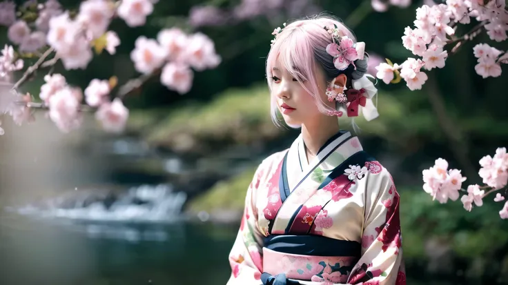 Surreal, Very detailed, High-resolution 16K images, A beautiful female ghost or guardian spirit. She has pale pink hair and clear skin., She is wearing a traditional Japanese kimono with a small cherry blossom pattern on the obi.。. This image captures the ...